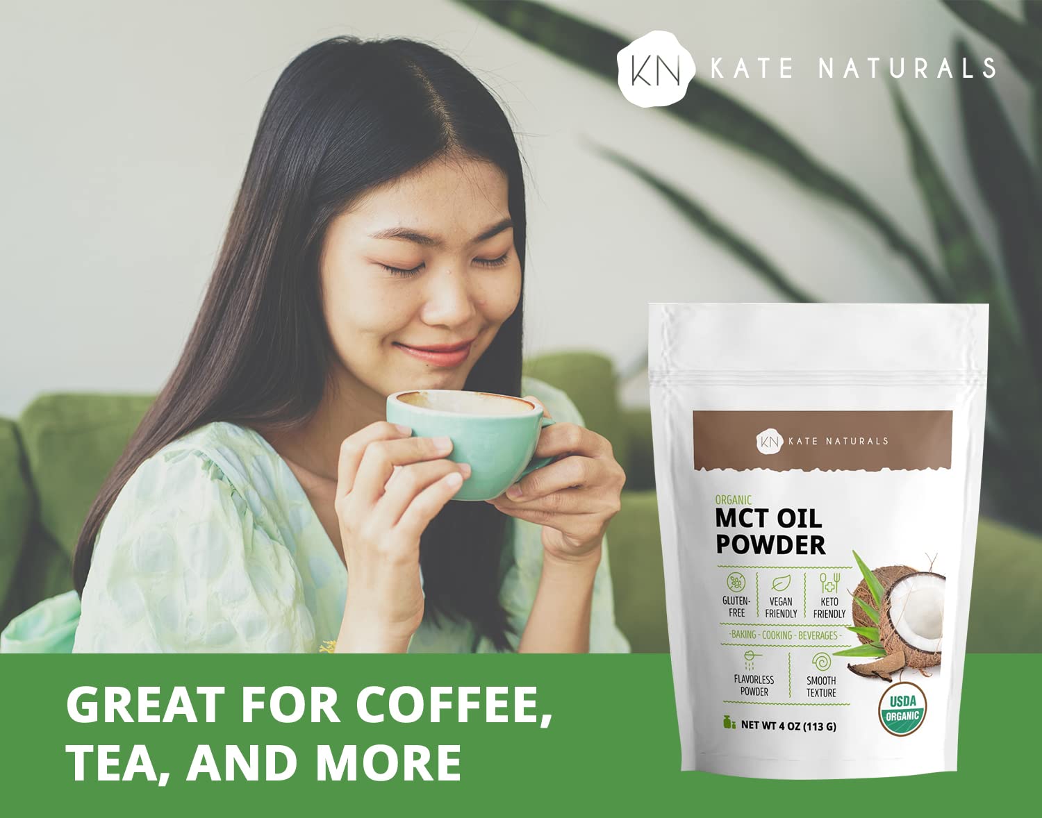 Organic Kate Naturals MCT Oil Powder - Non-Dairy Coffee Creamer for Keto Diet - Fuel for Body & Brain - Cooking, Baking, Beverages - 4 oz Resealable Bag