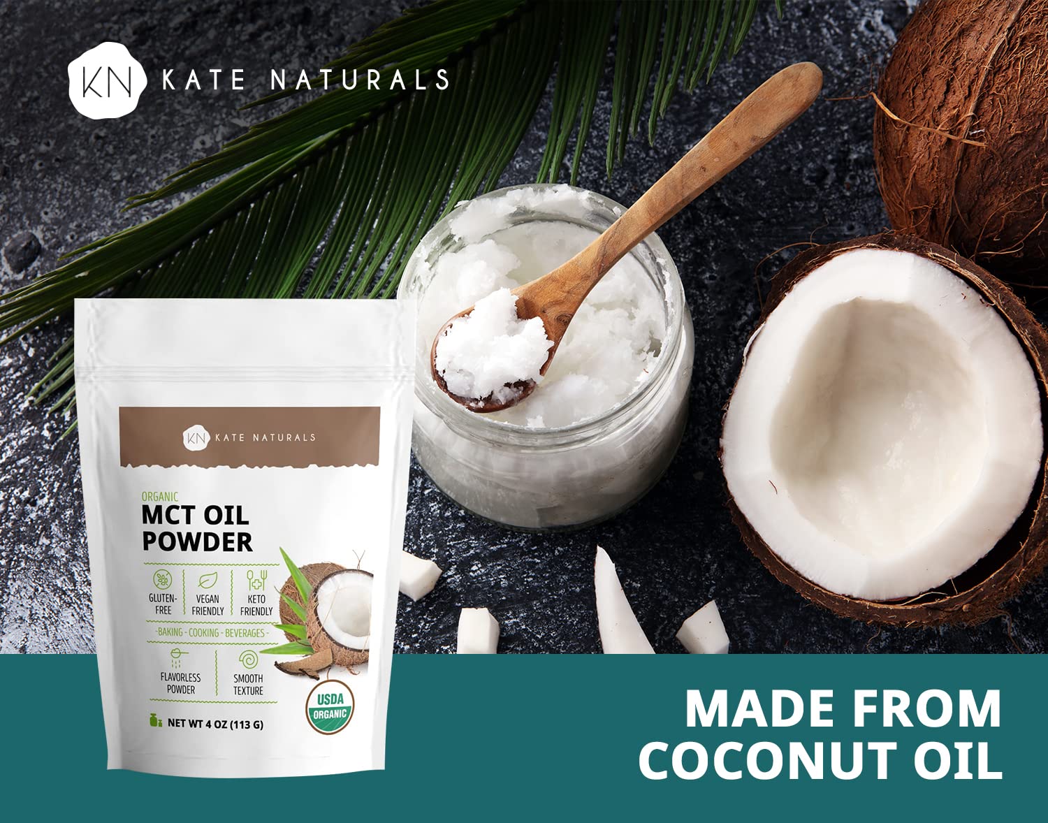 Organic Kate Naturals MCT Oil Powder - Non-Dairy Coffee Creamer for Keto Diet - Fuel for Body & Brain - Cooking, Baking, Beverages - 4 oz Resealable Bag