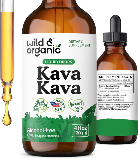 Organic Kava Kava Drops - 400mg Liquid Root Extract for Calmness & Relaxation - Vegan, Alcohol & Sugar-Free - 5-Month Supply