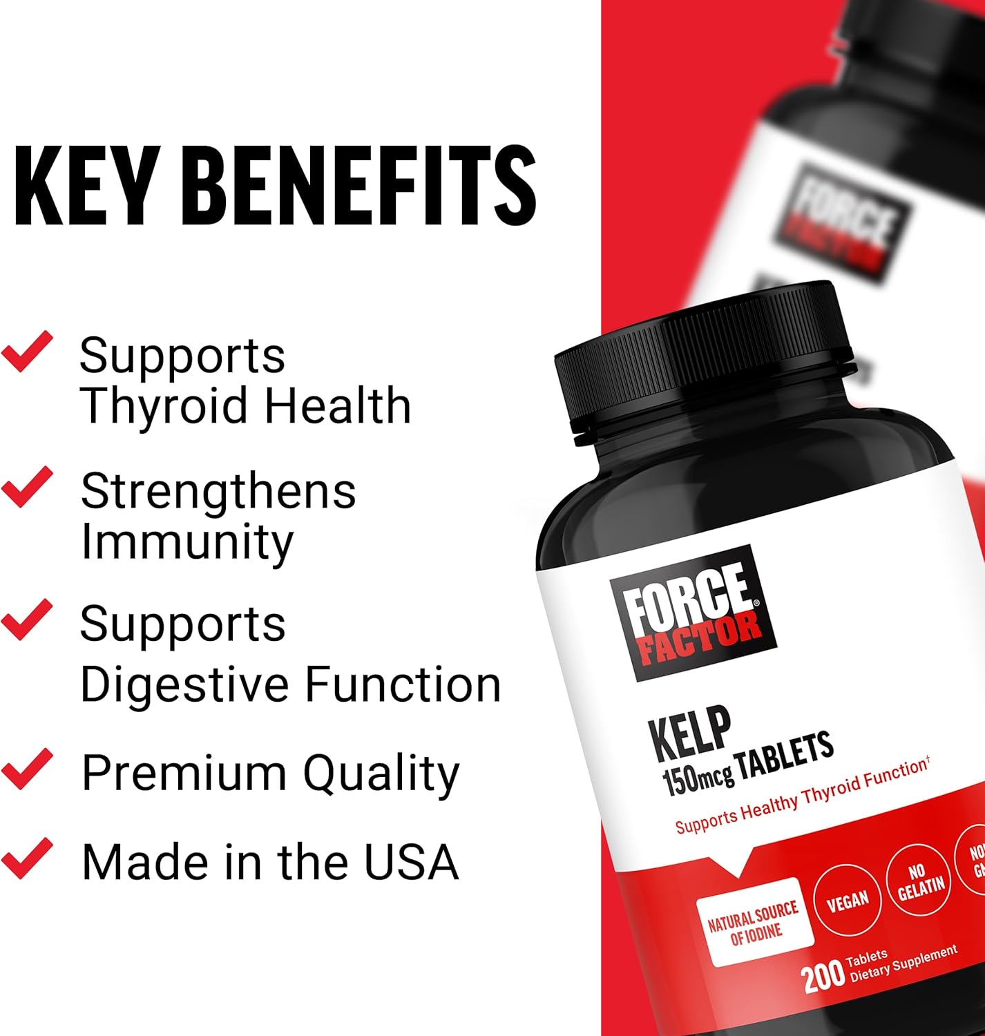 Organic Kelp Supplement for Thyroid Health, Immunity, Digestion - Vegan, Non-GMO 150mcg, 200 Tablets