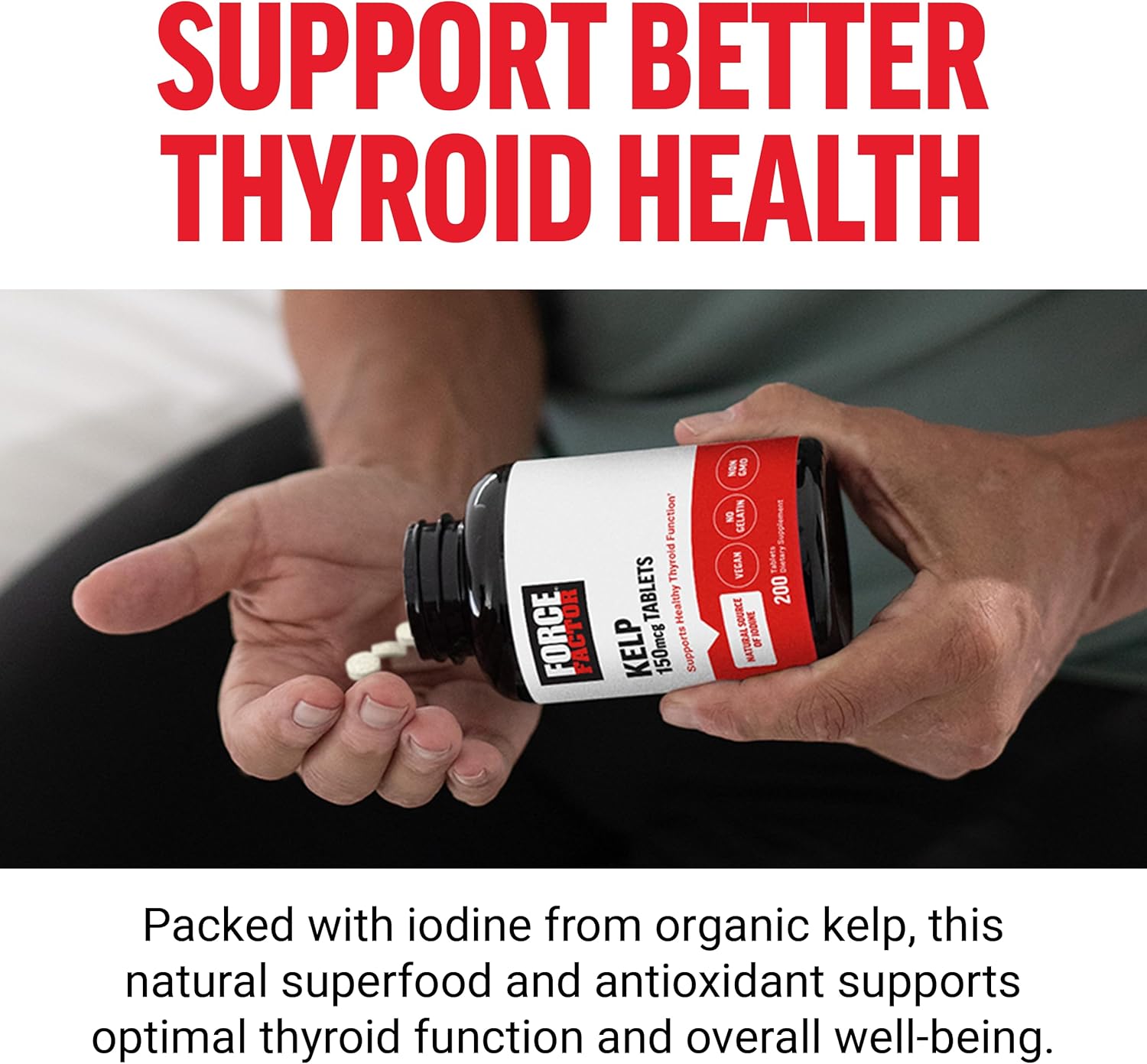 Organic Kelp Supplement for Thyroid Health, Immunity, Digestion - Vegan, Non-GMO 150mcg, 200 Tablets