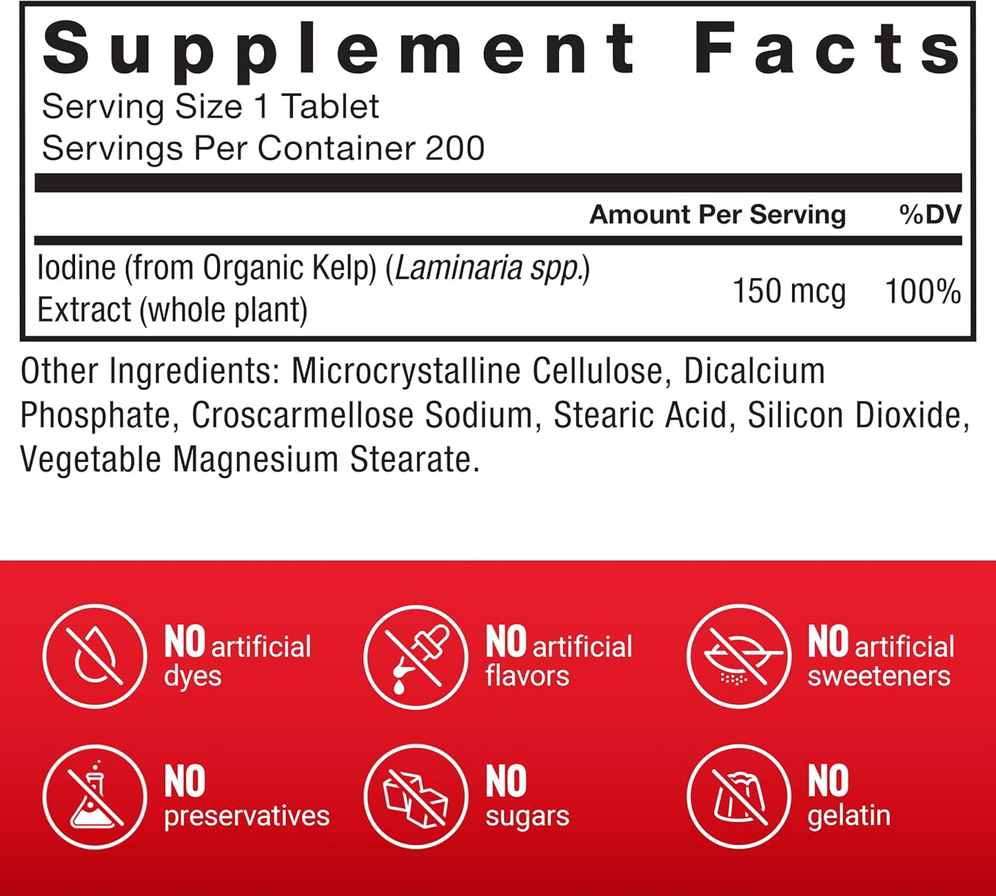 Organic Kelp Supplement for Thyroid Health, Immunity, Digestion - Vegan, Non-GMO 150mcg, 200 Tablets