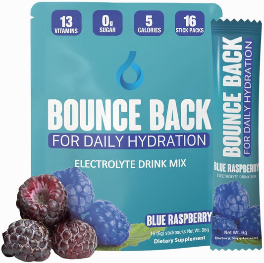 Organic Keto-Friendly Electrolyte Packets with 13 Essential Vitamins - Zero Sugar, Low Calorie Hydration (Blue Raspberry, 16 Pack)