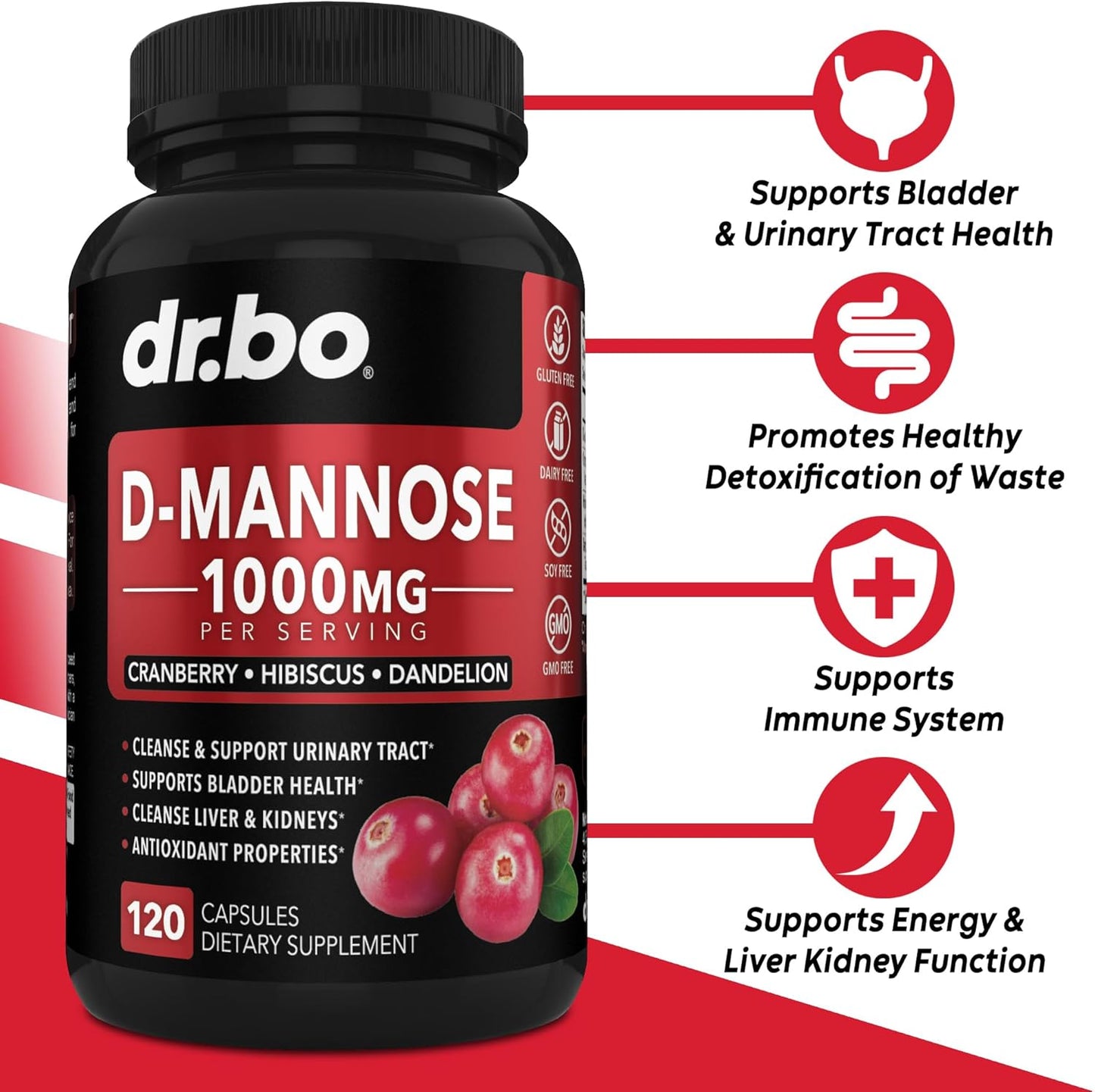 Organic Kidney Support Supplement with D-Mannose Capsules - Cranberry Renal Cleanse Detox for Urinary Tract Health