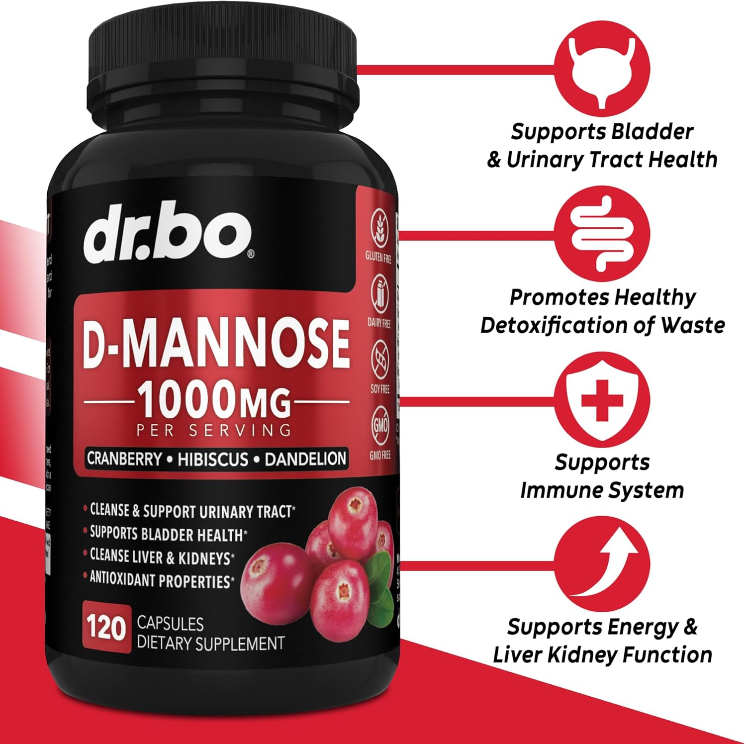 Organic Kidney Support Supplement with D-Mannose Capsules - Cranberry Renal Cleanse Detox for Urinary Tract Health