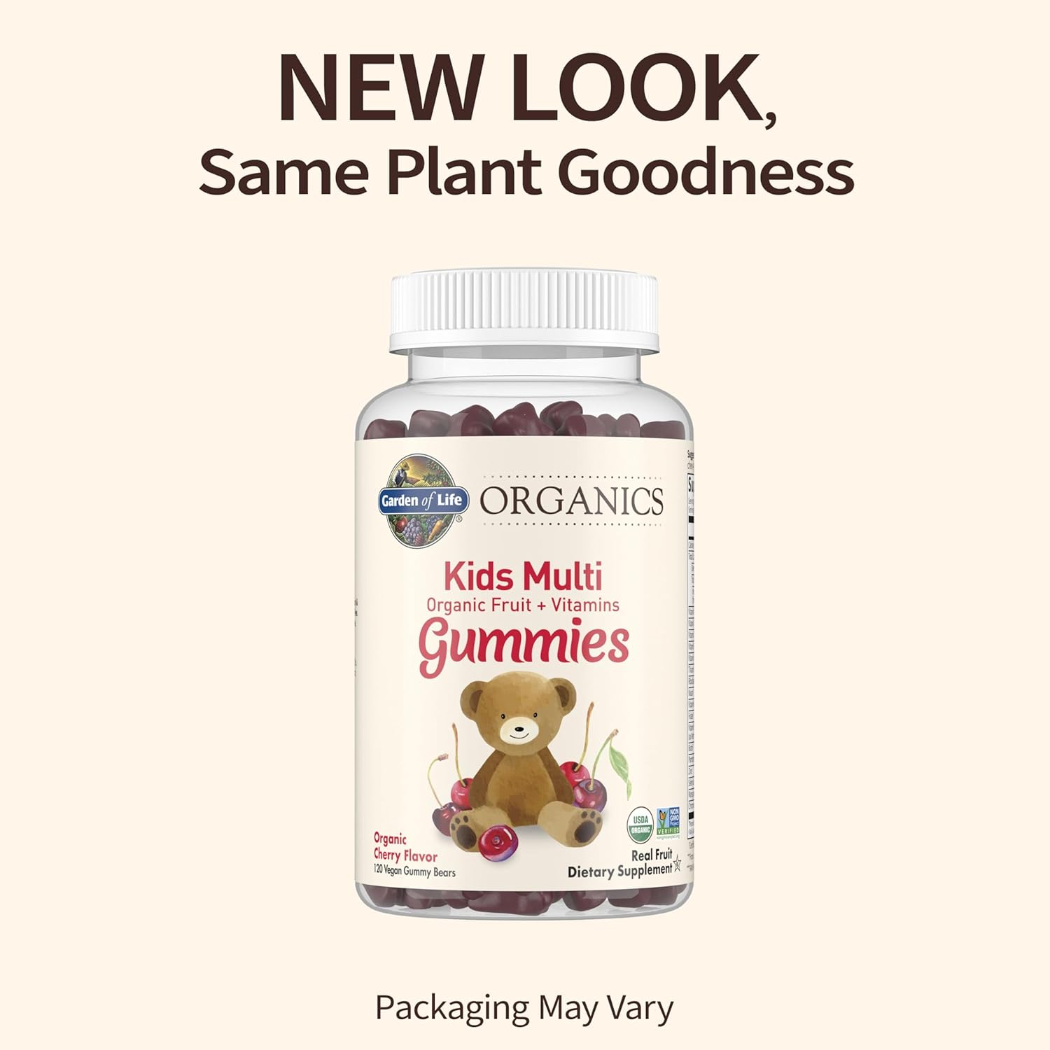 Organic Kids Gummy Vitamins - Non-GMO, Vegan, Certified Organic - B12, C & D3 - Gluten, Soy & Dairy Free - Real Fruit Chew Gummies - Cherry Flavor - 120 Count