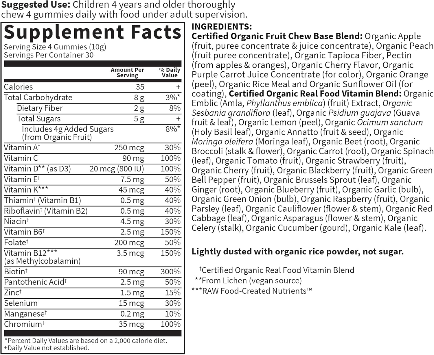 Organic Kids Gummy Vitamins - Non-GMO, Vegan, Certified Organic - B12, C & D3 - Gluten, Soy & Dairy Free - Real Fruit Chew Gummies - Cherry Flavor - 120 Count