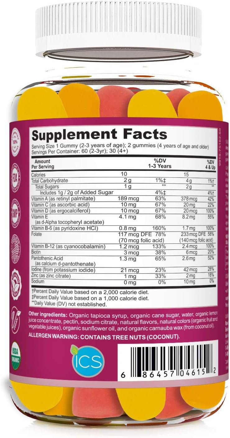 Organic Kids Multivitamin Gummies with Zinc, Vitamin C, D, E, B6 for Growth and Immune Support | Chewable Kids Vitamins Gluten-Free & Non-GMO