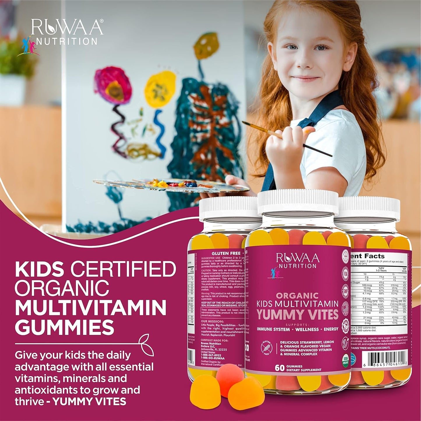 Organic Kids Multivitamin Gummies with Zinc, Vitamin C, D, E, B6 for Growth and Immune Support | Chewable Kids Vitamins Gluten-Free & Non-GMO