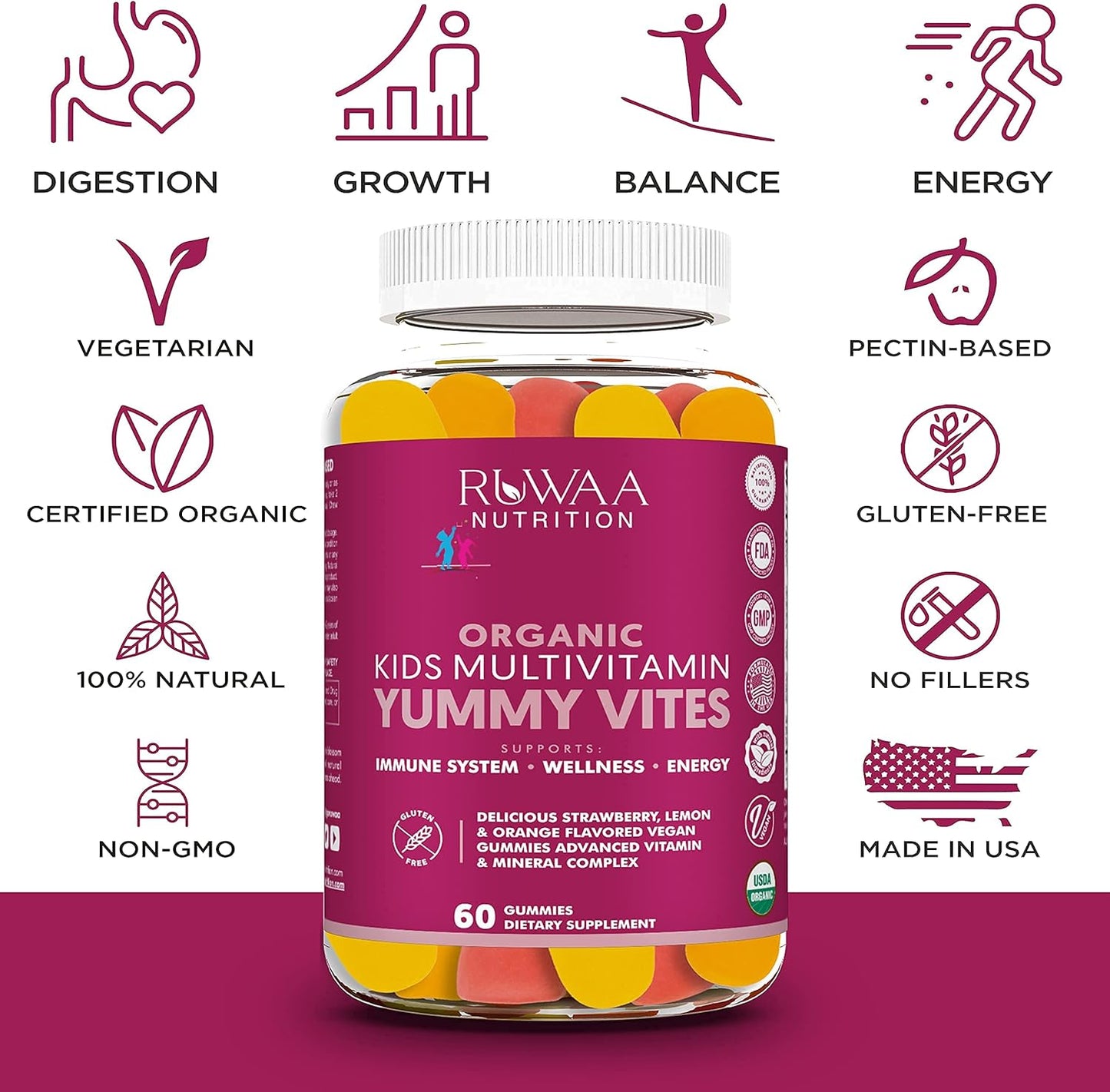 Organic Kids Multivitamin Gummies with Zinc, Vitamin C, D, E, B6 for Growth and Immune Support | Chewable Kids Vitamins Gluten-Free & Non-GMO