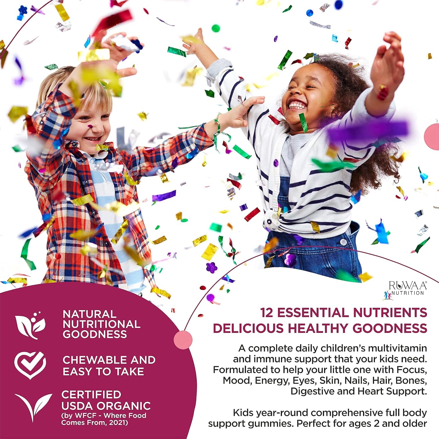 Organic Kids Multivitamin Gummies with Zinc, Vitamin C, D, E, B6 for Growth and Immune Support | Chewable Kids Vitamins Gluten-Free & Non-GMO