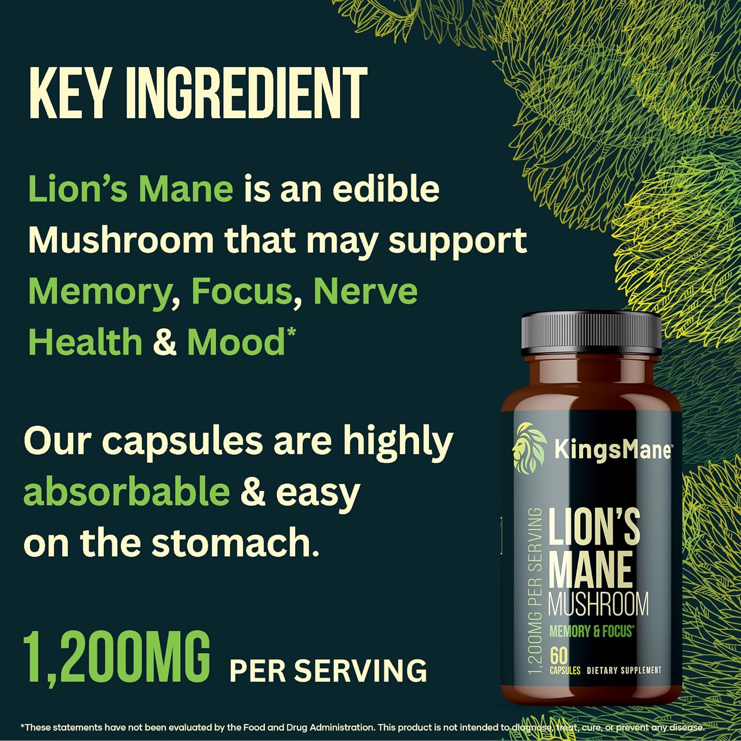 Organic KingsMane Lion's Mane Mushroom Supplement for Brain Support - Memory, Focus, Clarity - 1200mg, 60 Capsules