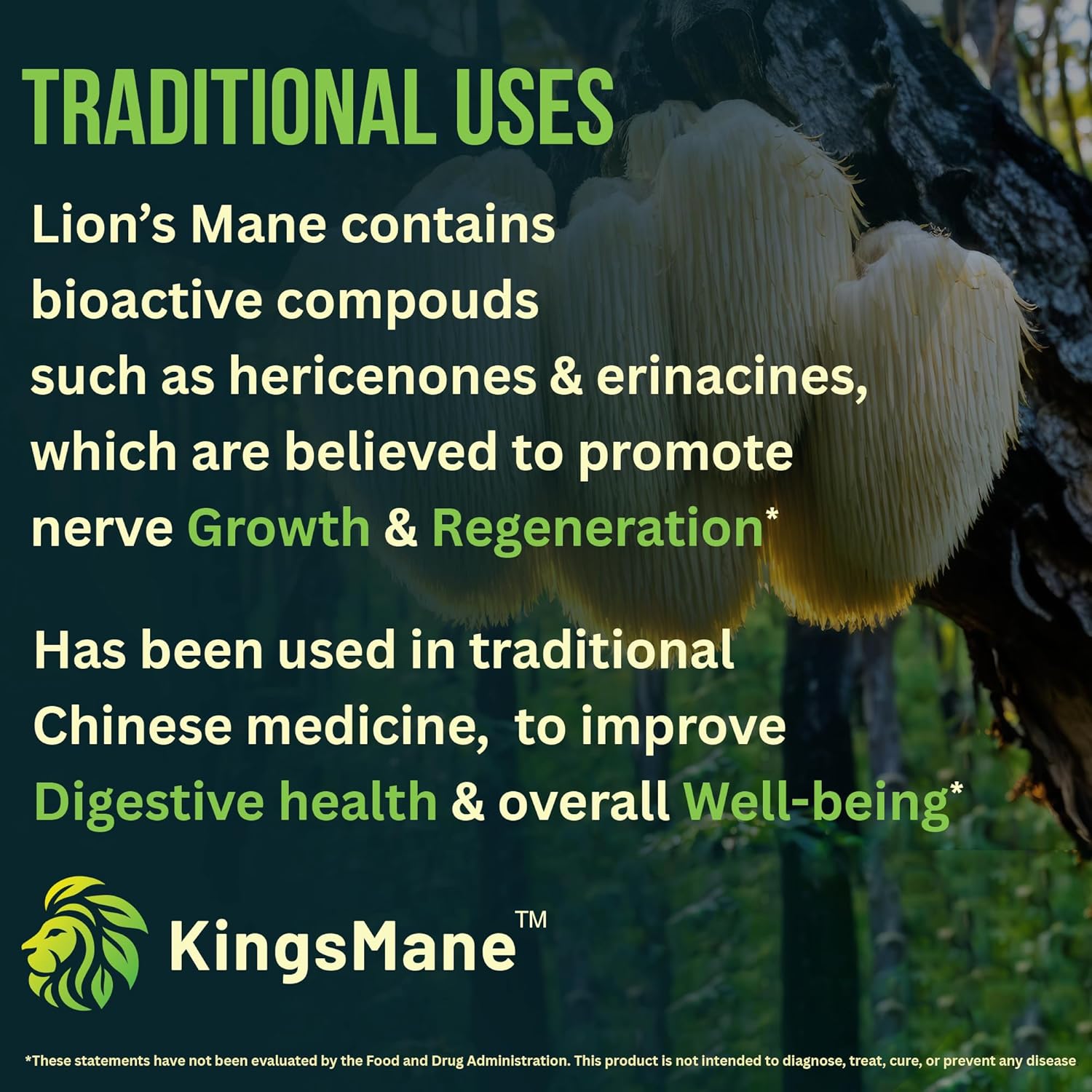 Organic KingsMane Lion's Mane Mushroom Supplement for Brain Support - Memory, Focus, Clarity - 1200mg, 60 Capsules