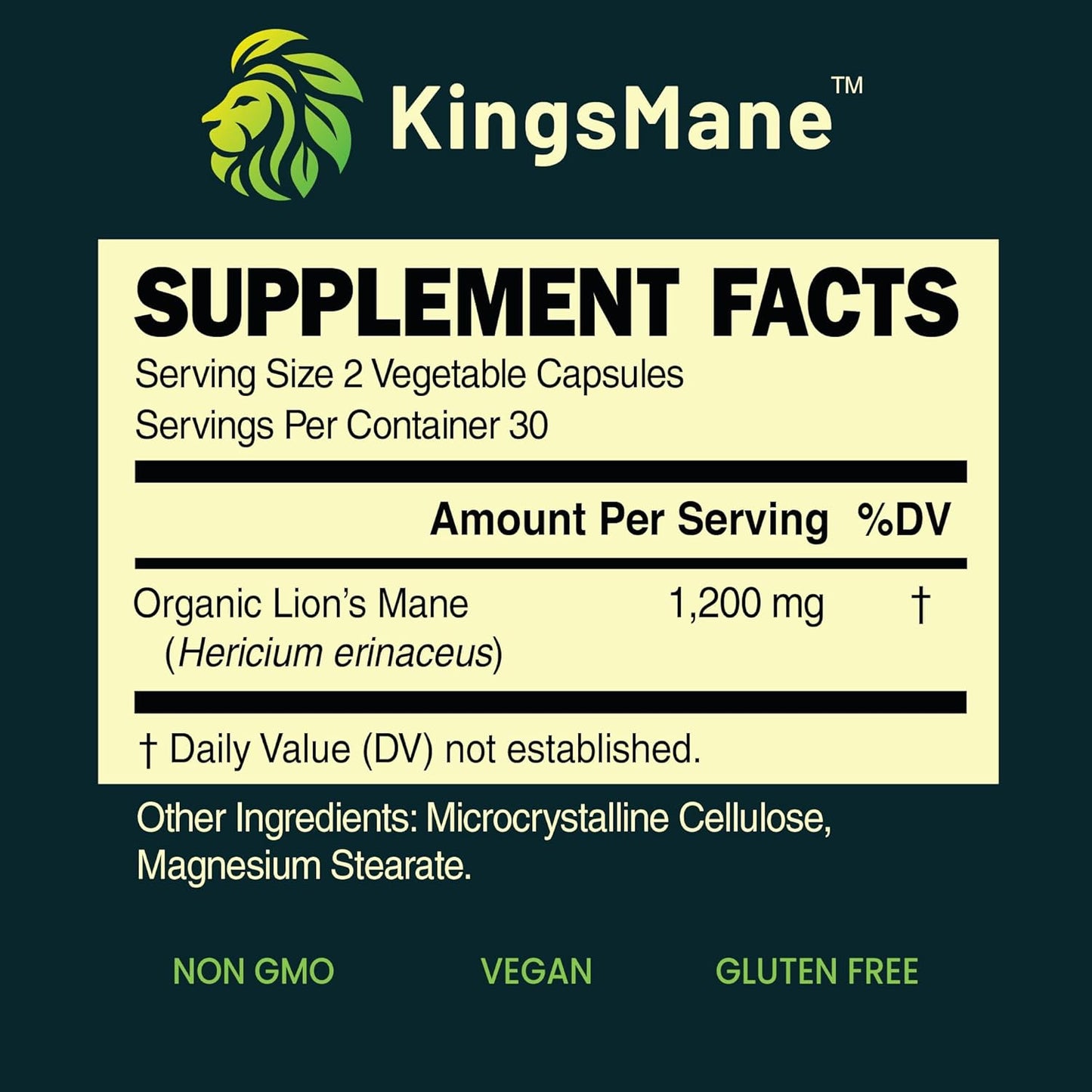 Organic KingsMane Lion's Mane Mushroom Supplement for Brain Support - Memory, Focus, Clarity - 1200mg, 60 Capsules