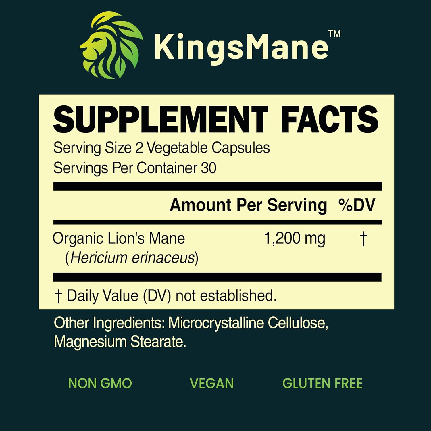 Organic KingsMane Lion's Mane Mushroom Supplement for Brain Support - Memory, Focus, Clarity - 1200mg, 60 Capsules