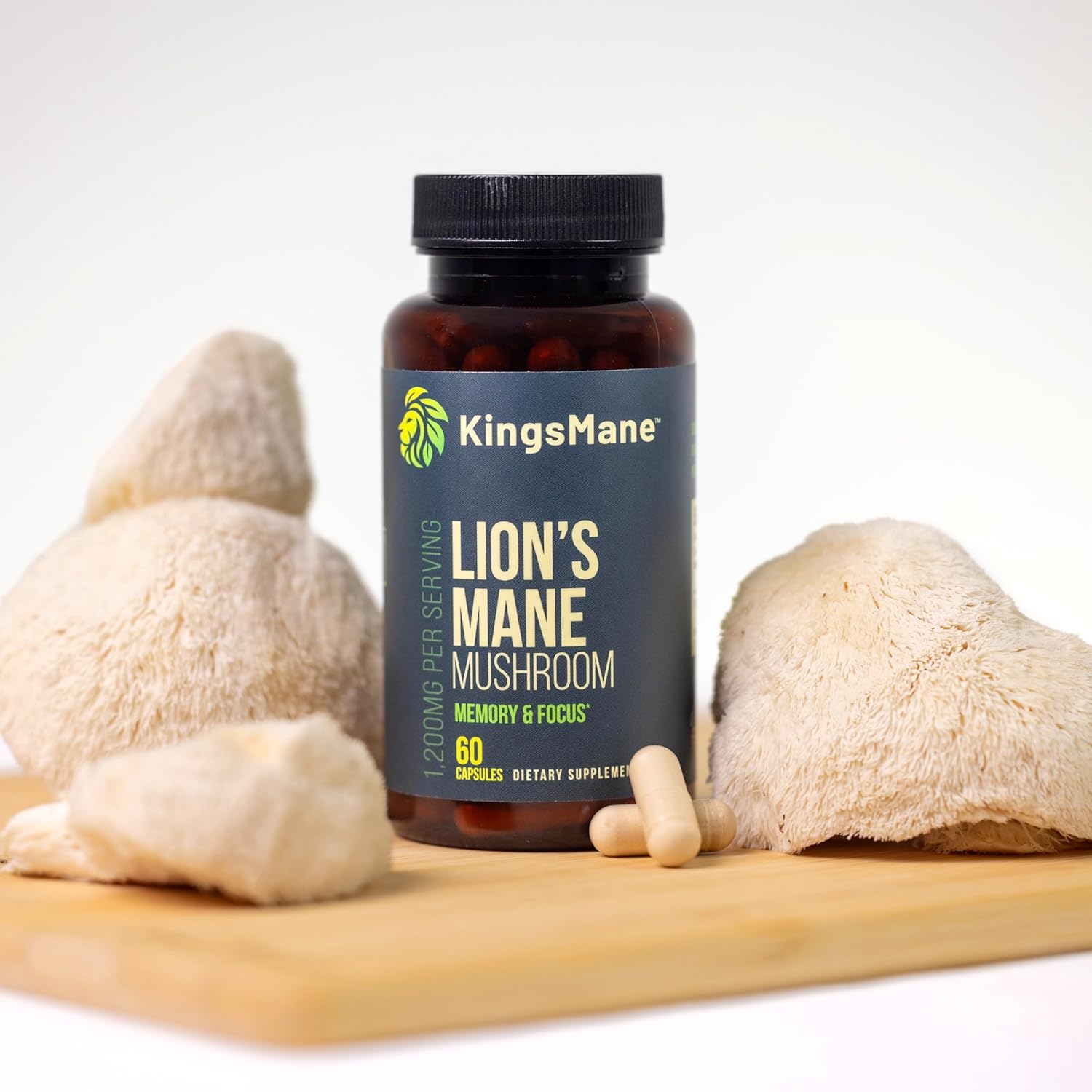 Organic KingsMane Lion's Mane Mushroom Supplement for Brain Support - Memory, Focus, Clarity - 1200mg, 60 Capsules