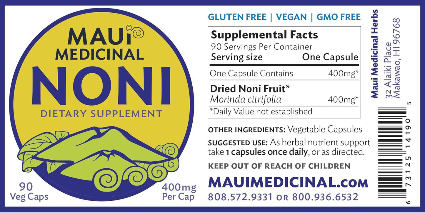 Organic Kona Noni Capsules with Maui Medicinal Herbs - 90 Vcaps, 400mg per Capsule