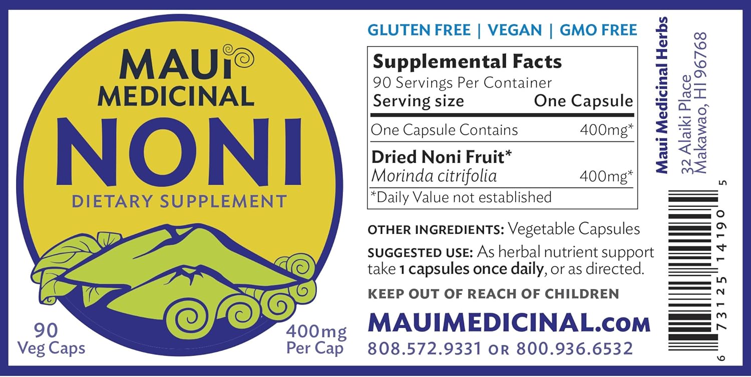 Organic Kona Noni Capsules with Maui Medicinal Herbs - 90 Vcaps, 400mg per Capsule
