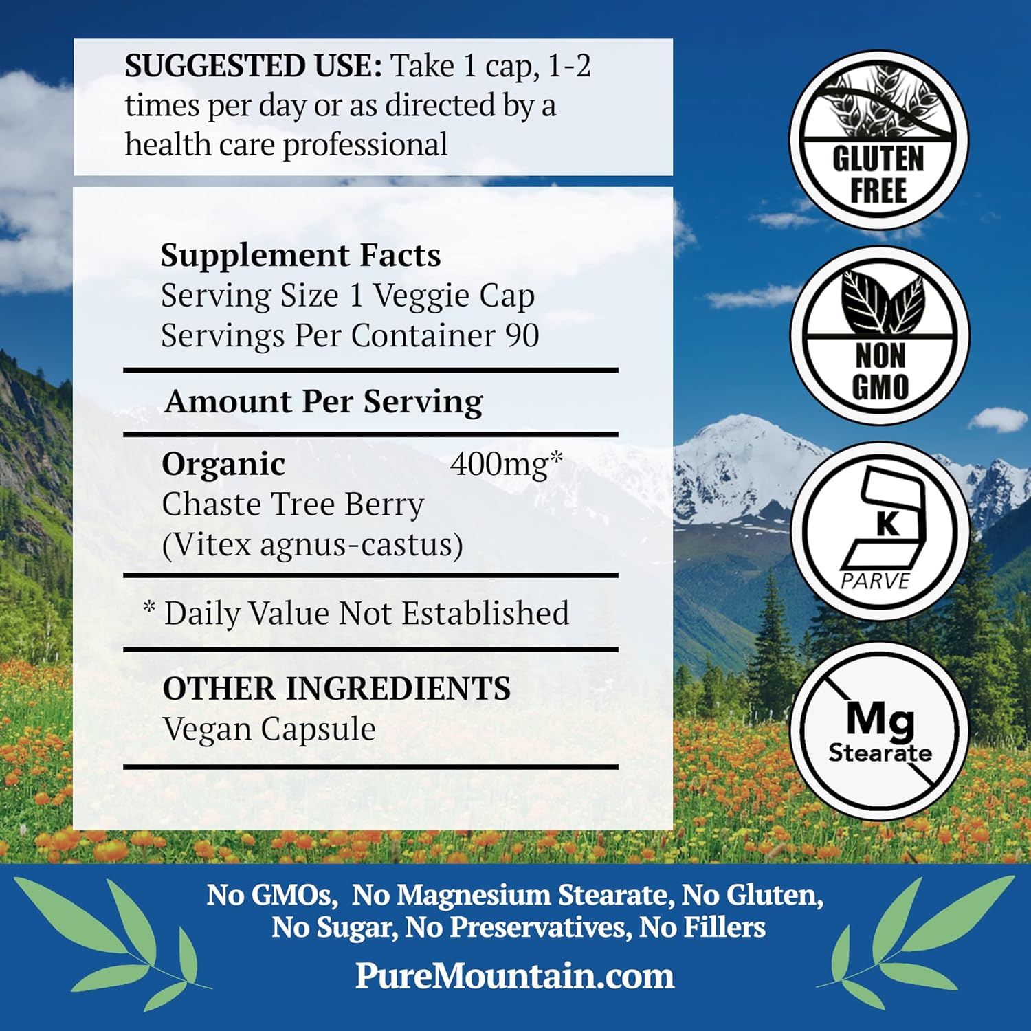 Organic Kosher Vegan Chaste Tree Berry Capsules - 400mg Vitex Chasteberry Supplement by Pure Mountain Botanicals
