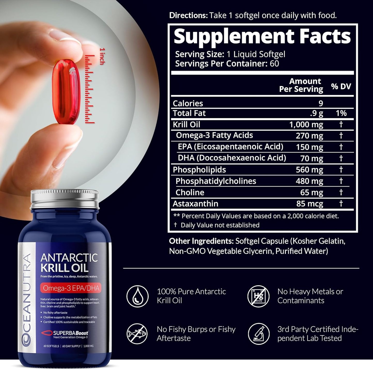 Organic Krill Oil 1000mg - 180-Day Supply, High Phospholipid Concentration, Sustainable Antarctic Source, Astaxanthin for Heart, Joint, and Skin Care - Omega 3 Supplement