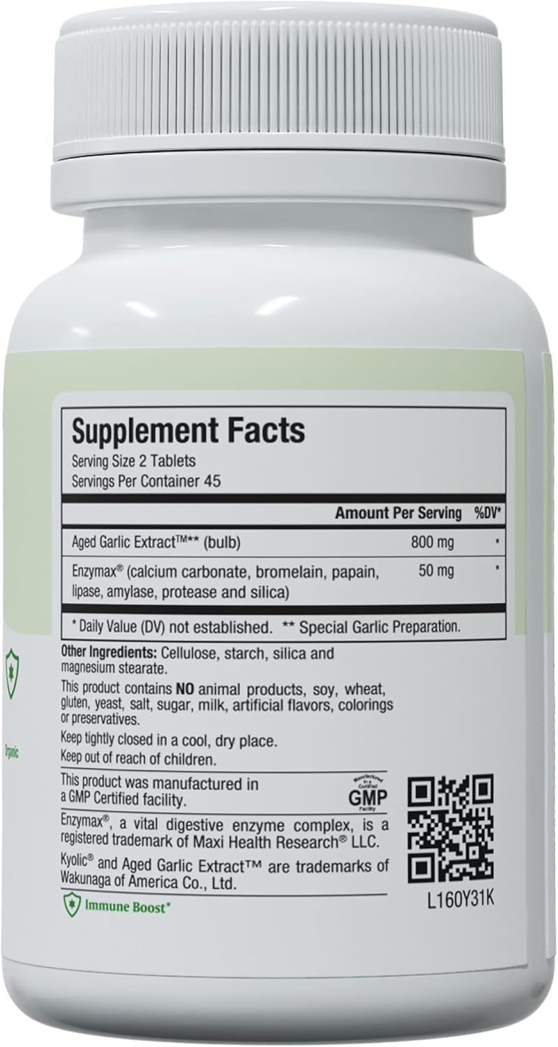 Organic Kyolic Aged Garlic Extract Tablets for Immune Support - Vegetarian Supplement with Kosher Garlic (90 Count)