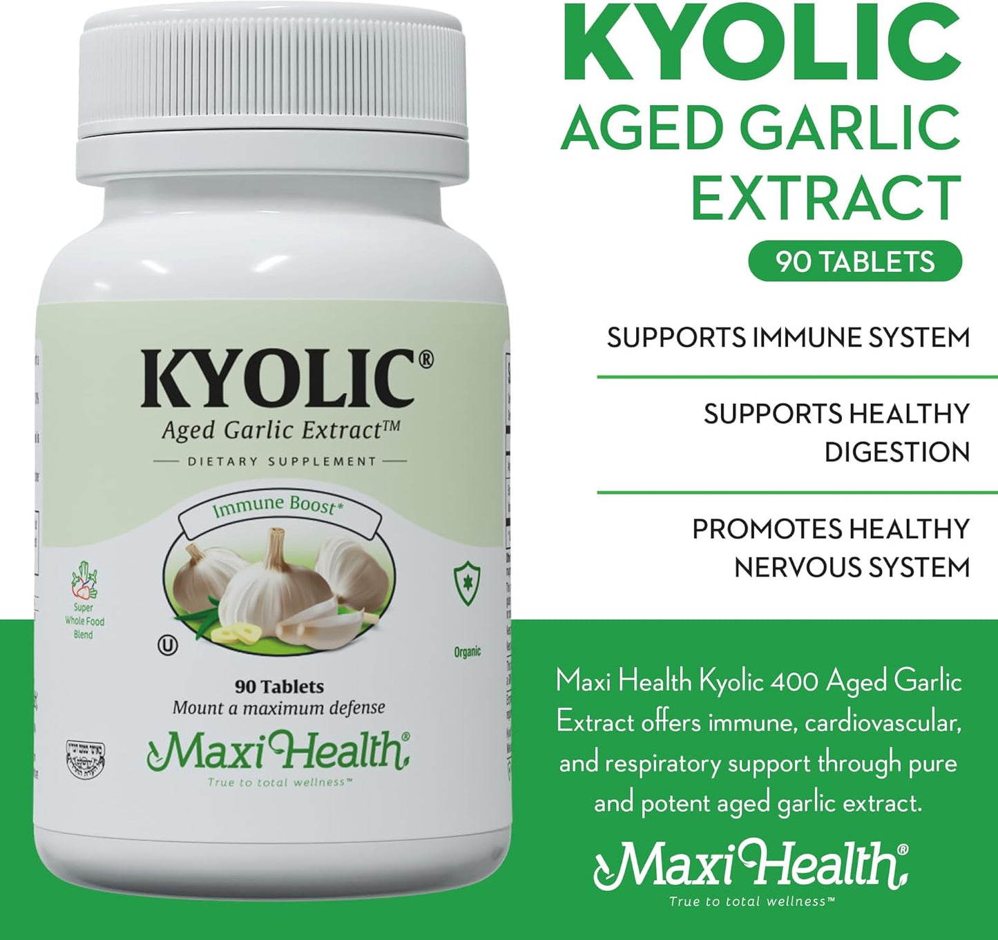 Organic Kyolic Aged Garlic Extract Tablets for Immune Support - Vegetarian Supplement with Kosher Garlic (90 Count)