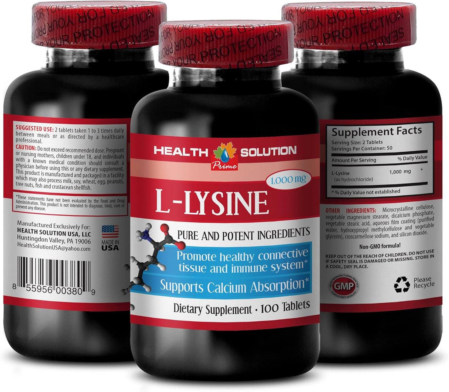 Organic L-Lysine 1000mg Supplement for Bone and Joint Health - Energy Booster - 100 Tablets