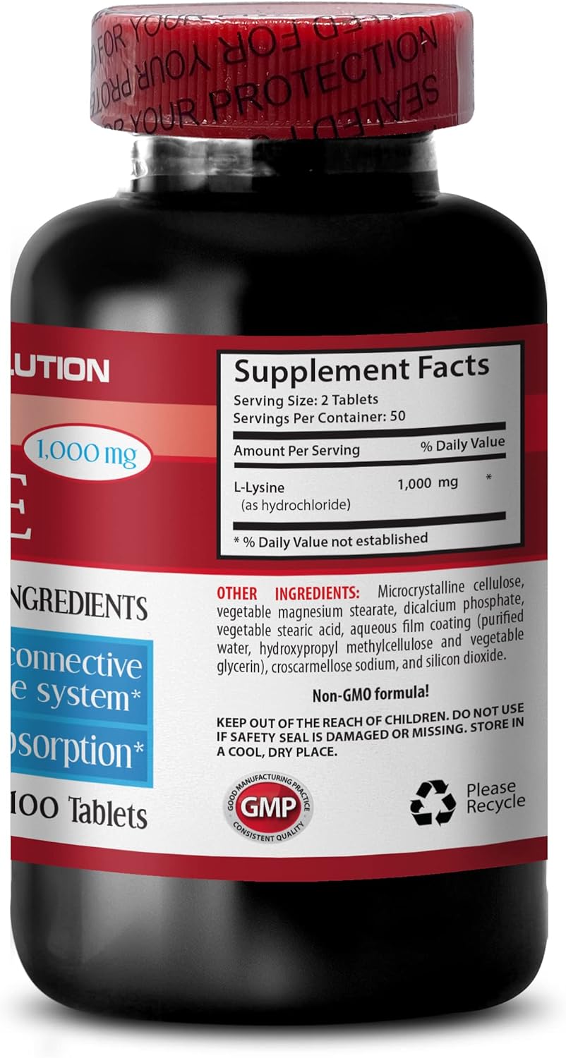 Organic L-Lysine 1000mg Supplement for Bone and Joint Health - Energy Booster - 100 Tablets