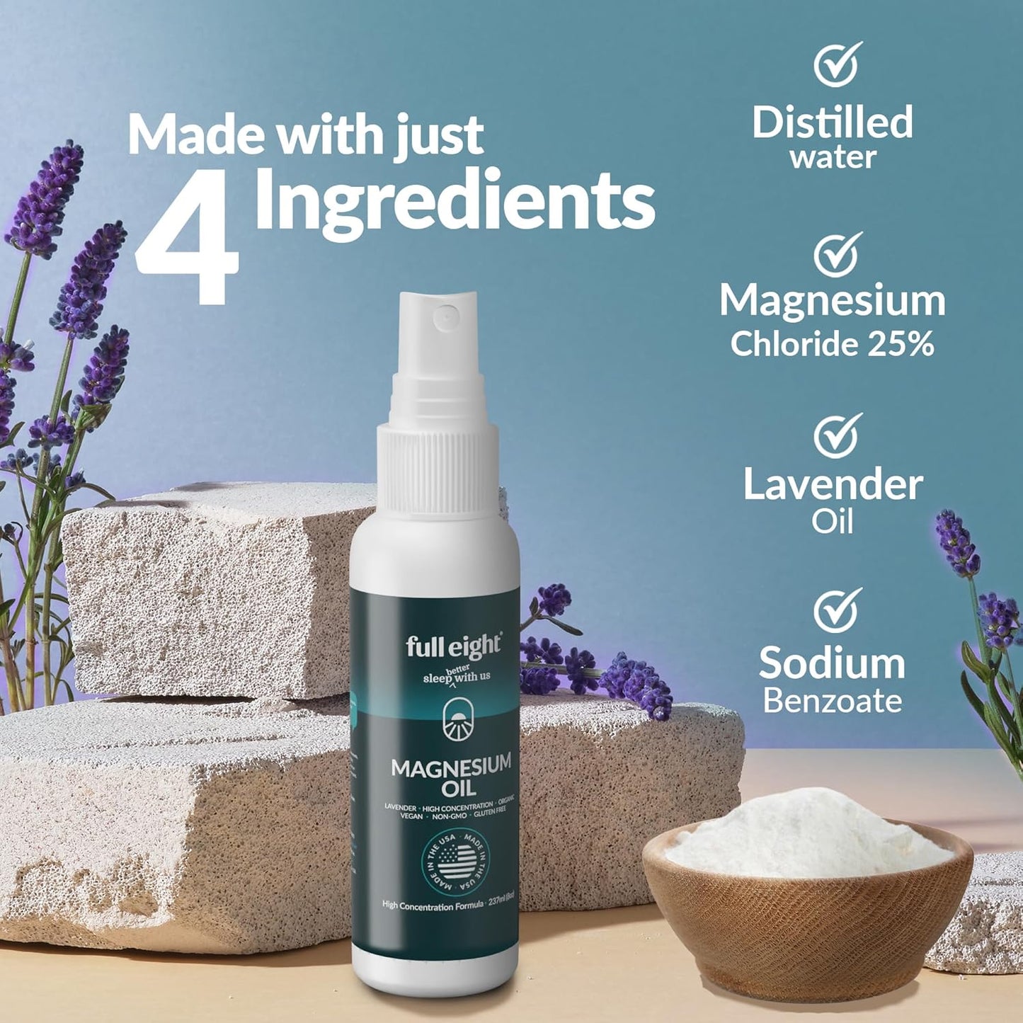 Organic Lavender Magnesium Oil Spray for Feet, Muscle Pain, Cramps & Sleep - Fast Absorption, Natural USA-Made, 8 oz