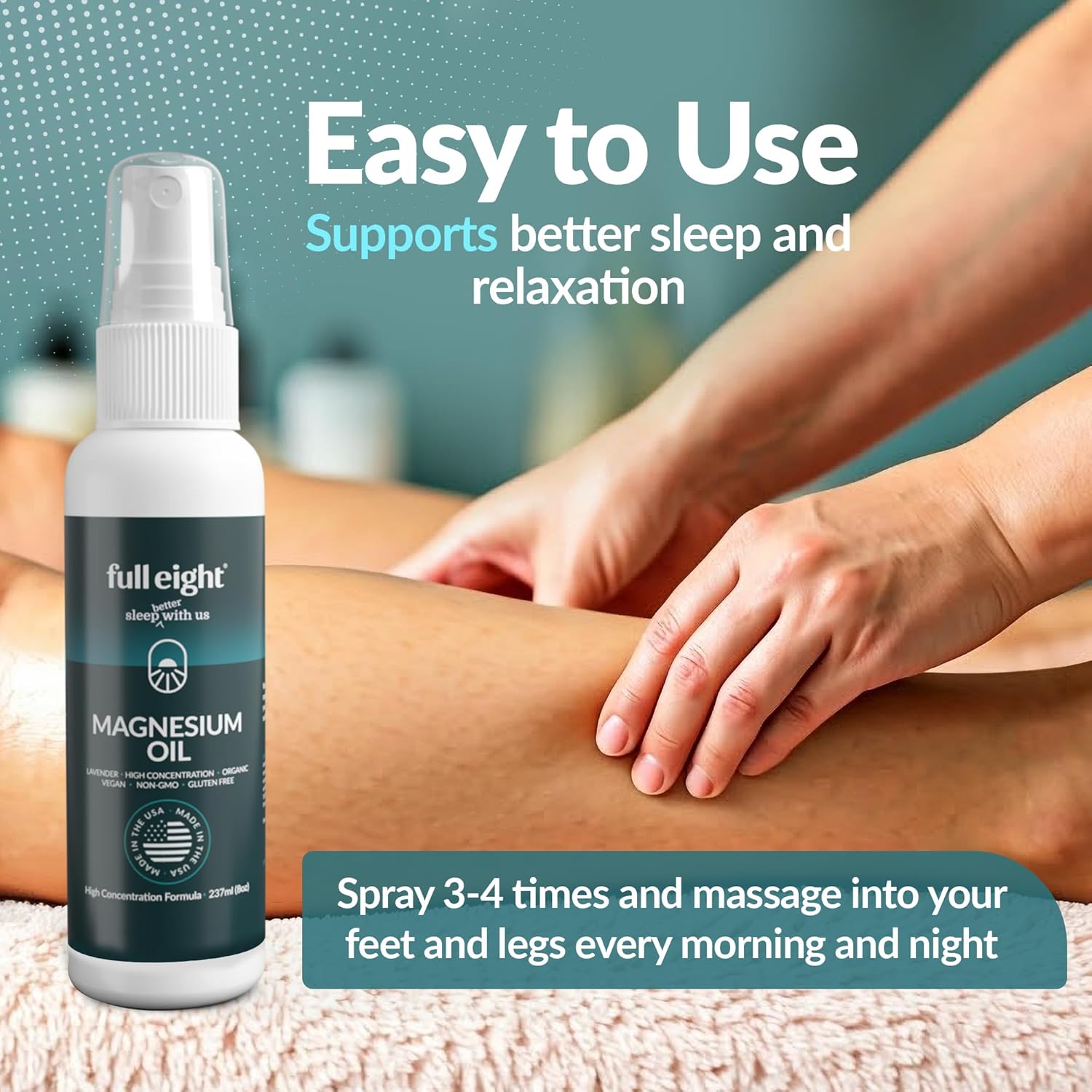 Organic Lavender Magnesium Oil Spray for Feet, Muscle Pain, Cramps & Sleep - Fast Absorption, Natural USA-Made, 8 oz