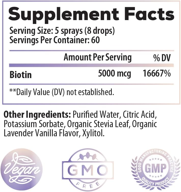 Organic Lavender Vanilla Biotin Liquid Spray - 5000mcg Hair Growth Vitamin for Thickness and Volume - Skin & Nail Health - Keto & Vegan - Ideal Infusion B-Bomb