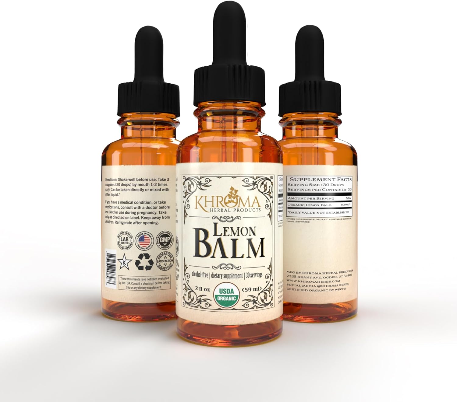 Organic Lemon Balm Liquid Extract - 30 Servings, 800 MG Per Serving - Khroma Herbal Products - Melissa Officinalis - 2 FL OZ