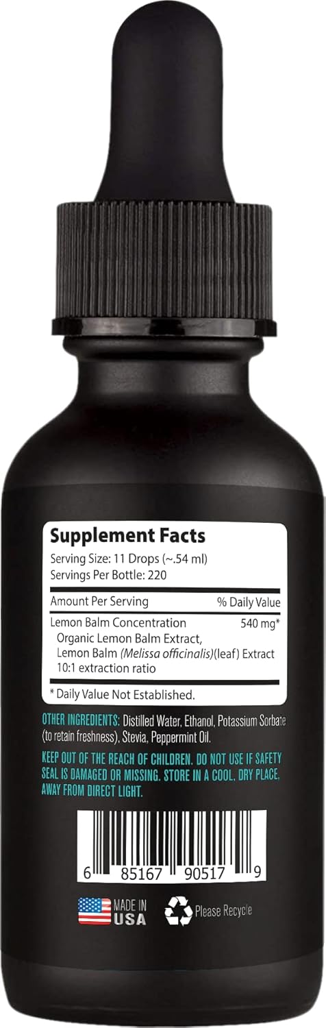 Organic Lemon Balm Liquid Extract - 540mg, 4 Oz, Made in USA, Quick Absorption - Non-GMO, GMP Certified, Cruelty-Free - 220 Servings