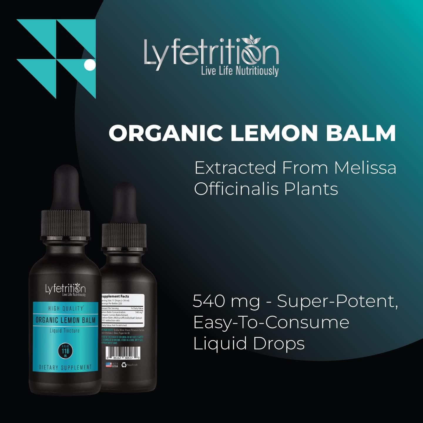 Organic Lemon Balm Liquid Extract - 540mg, 4 Oz, Made in USA, Quick Absorption - Non-GMO, GMP Certified, Cruelty-Free - 220 Servings