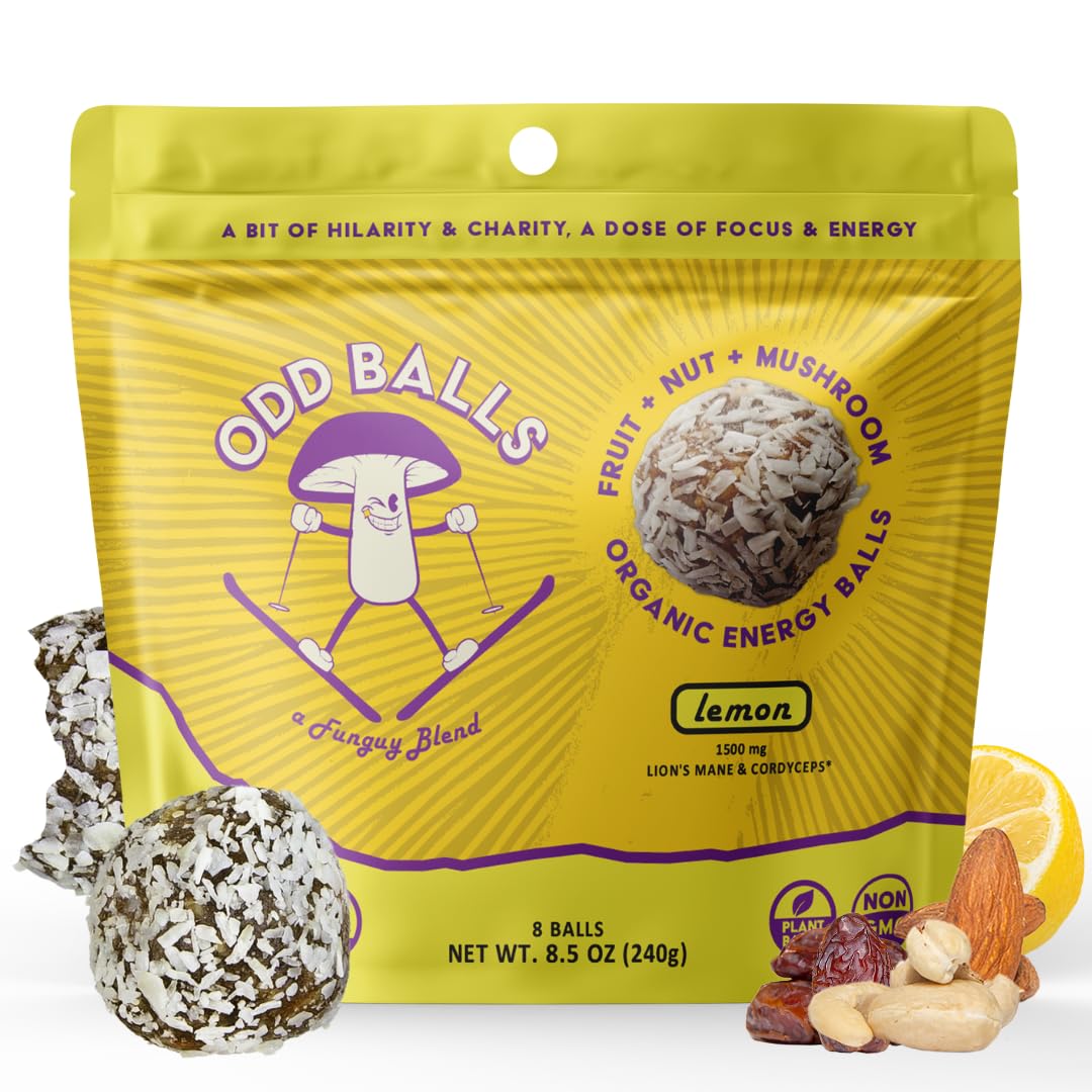 Organic Lemon Energy Balls with Superfood Mushrooms - Ideal Snack for Running, Cycling, Hiking - Vegan, Gluten-Free - Lion's Mane Focus, Cordyceps Energy Boost - Healthy Gels, Bars Alternative for Kids & Adults