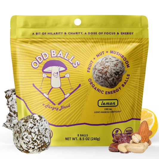 Organic Lemon Energy Balls with Superfood Mushrooms - Ideal Snack for Running, Cycling, Hiking - Vegan, Gluten-Free - Lion's Mane Focus, Cordyceps Energy Boost - Healthy Gels, Bars Alternative for Kids & Adults