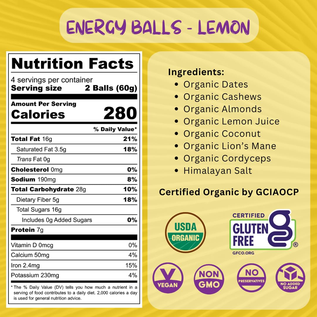 Organic Lemon Energy Balls with Superfood Mushrooms - Ideal Snack for Running, Cycling, Hiking - Vegan, Gluten-Free - Lion's Mane Focus, Cordyceps Energy Boost - Healthy Gels, Bars Alternative for Kids & Adults