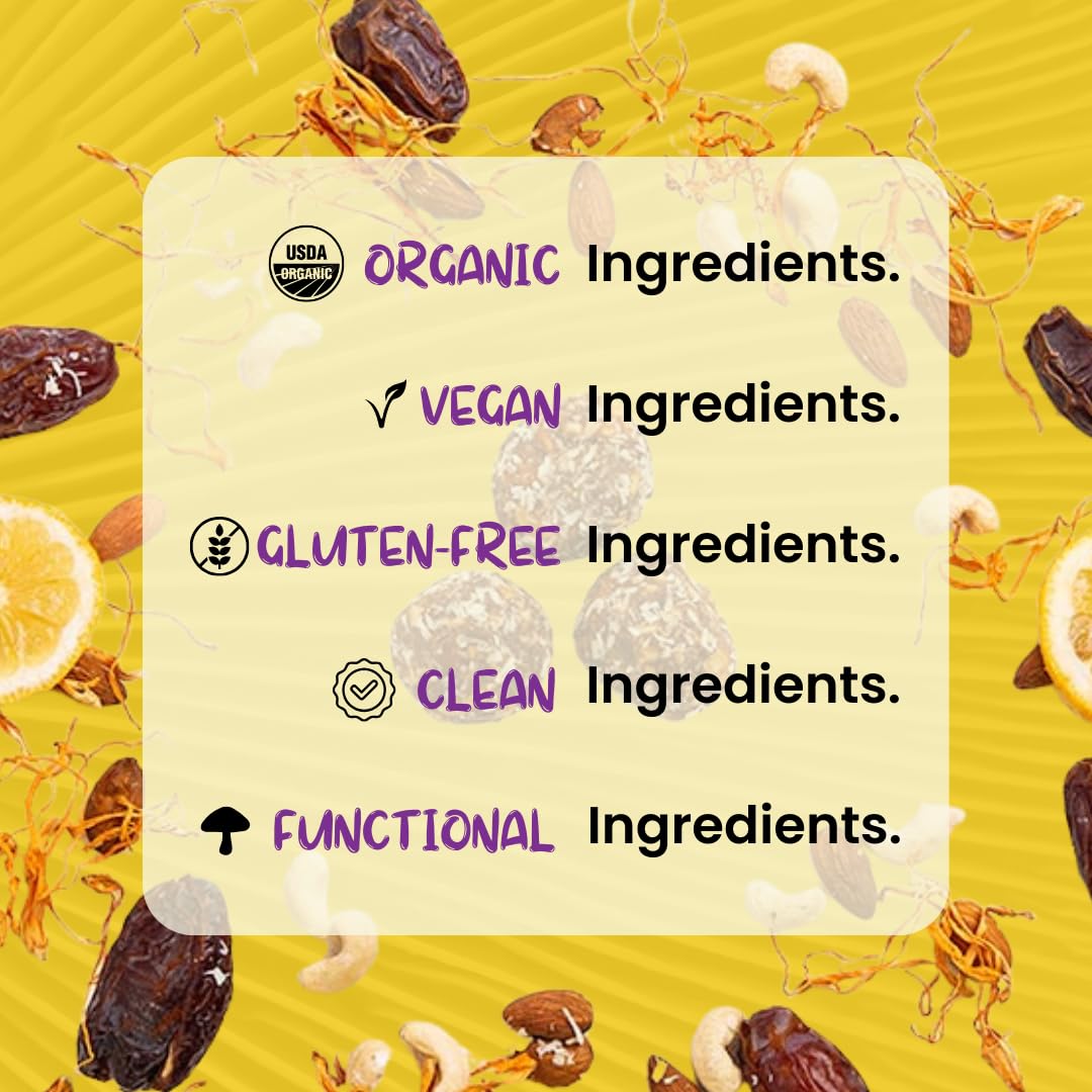 Organic Lemon Energy Balls with Superfood Mushrooms - Ideal Snack for Running, Cycling, Hiking - Vegan, Gluten-Free - Lion's Mane Focus, Cordyceps Energy Boost - Healthy Gels, Bars Alternative for Kids & Adults