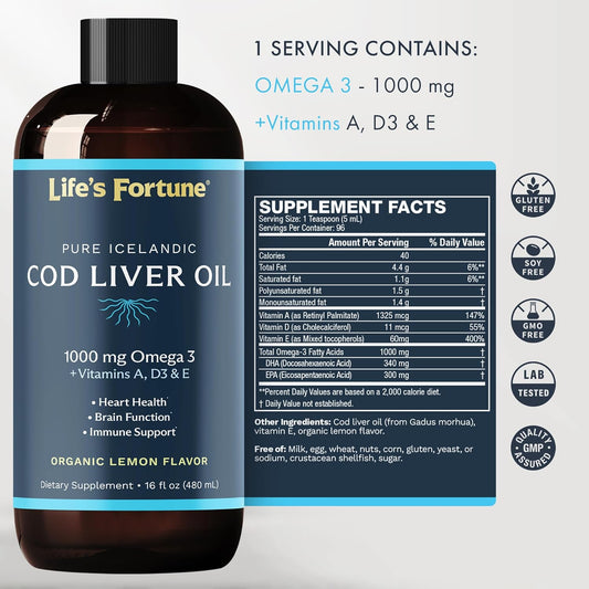 Organic Lemon Flavored Cod Liver Oil Liquid Supplement - High Potency Omega 3 DHA & EPA, Vitamin A, E & D3 - Supports Immune Health & Joints, Non-GMO, 1000mg (16 Oz)