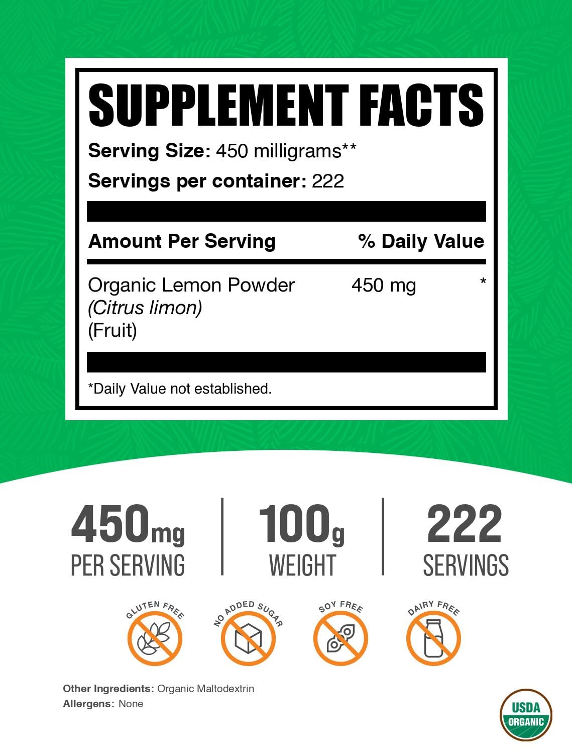 Organic Lemon Powder - Natural Vitamin C Source, Fruit Powder for Immune Support - Gluten Free, 100g (3.5 oz) - Pack of 1