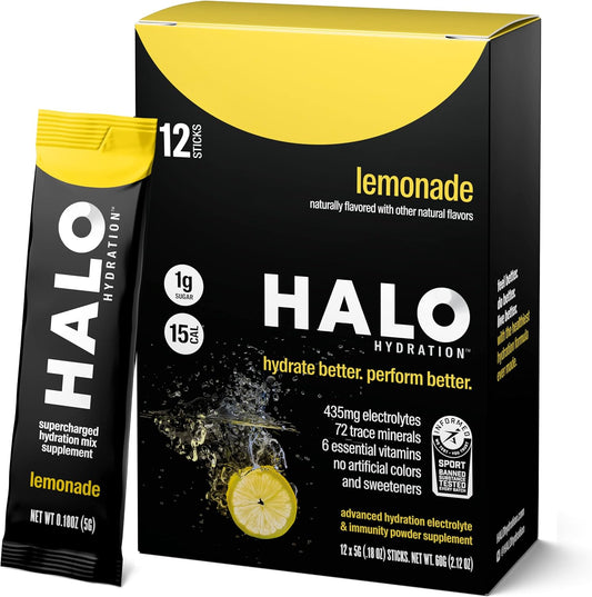 Organic Lemonade Electrolyte Powder Packets - 12 Servings - Low Sugar Vegan Hydration Drink - Immunity Booster with Essential Vitamins & Minerals