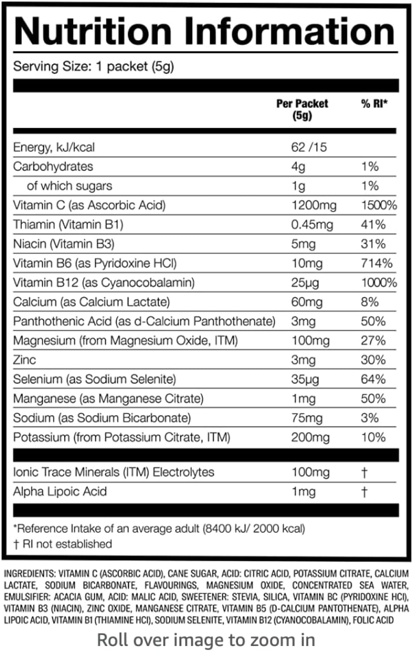 Organic Lemonade Electrolyte Powder Packets - 12 Servings - Low Sugar Vegan Hydration Drink - Immunity Booster with Essential Vitamins & Minerals