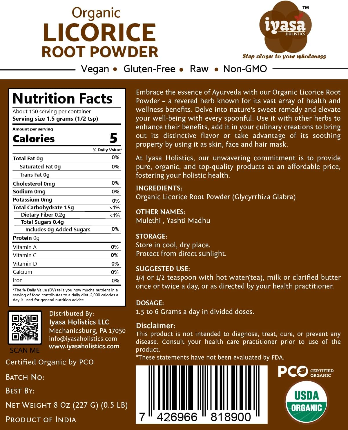 Organic Licorice Root Powder 8 oz - Natural Mulethi Supplement - Glycyrrhiza Glabra - Candy Flavoring Agent - Superfood