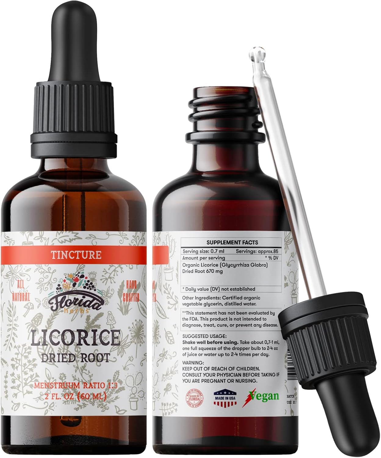 Organic Licorice Tincture Extract 2 oz - Herbal Supplement with Dried Root in Cold-Pressed Vegetable Glycerin - Non-GMO Florida Herbs