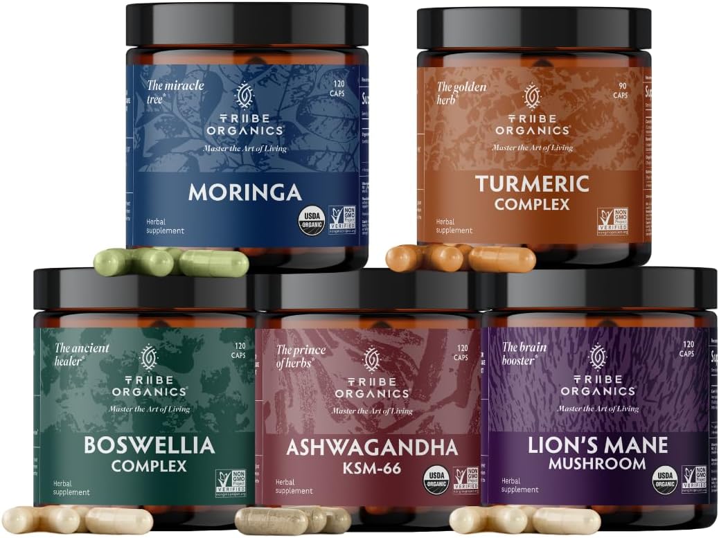 Organic Life Mastery Bundle with Ashwagandha, Boswellia, Curcumin, Lions Mane, Moringa - TRIBE ORGANICS