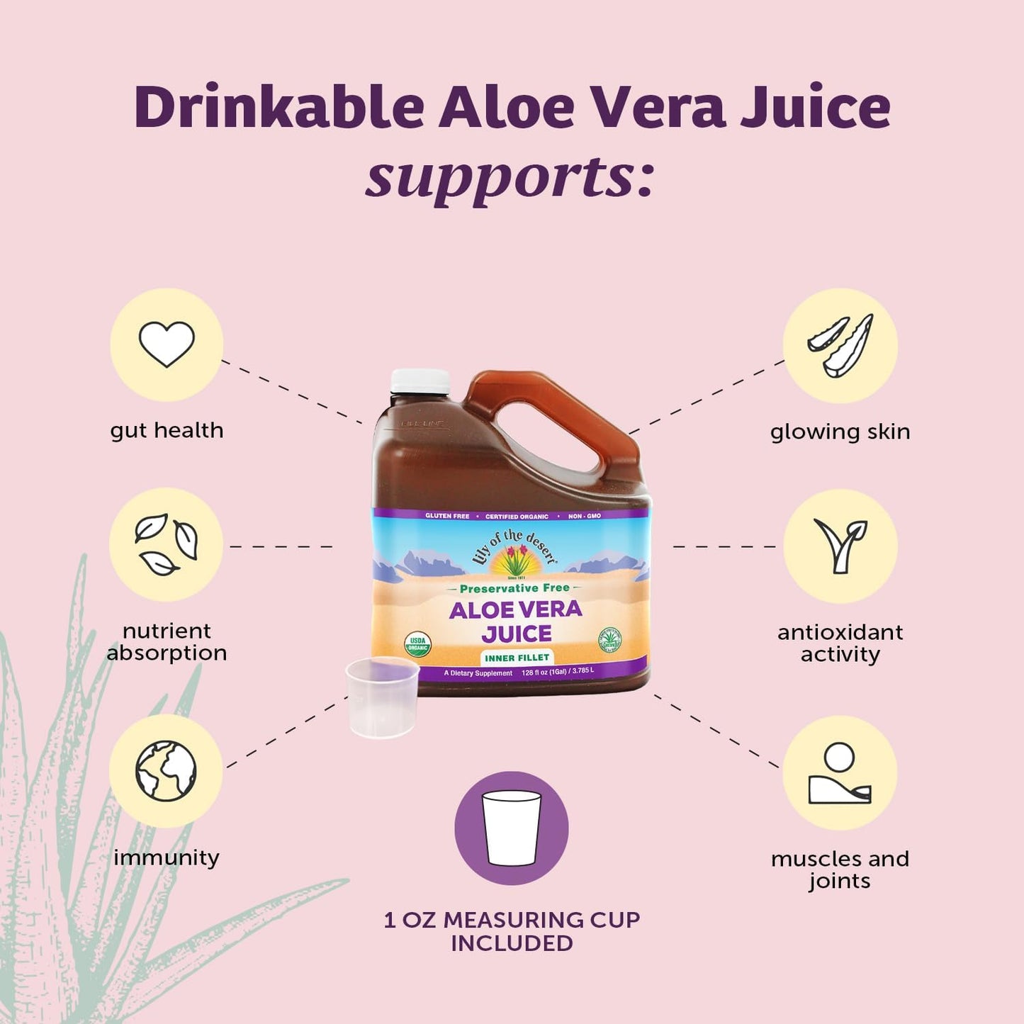 Organic Lily of the Desert Aloe Vera Juice - Preservative-Free Inner Fillet Drink with Digestive Enzymes for Gut Health, Skin Glow - 128 fl oz