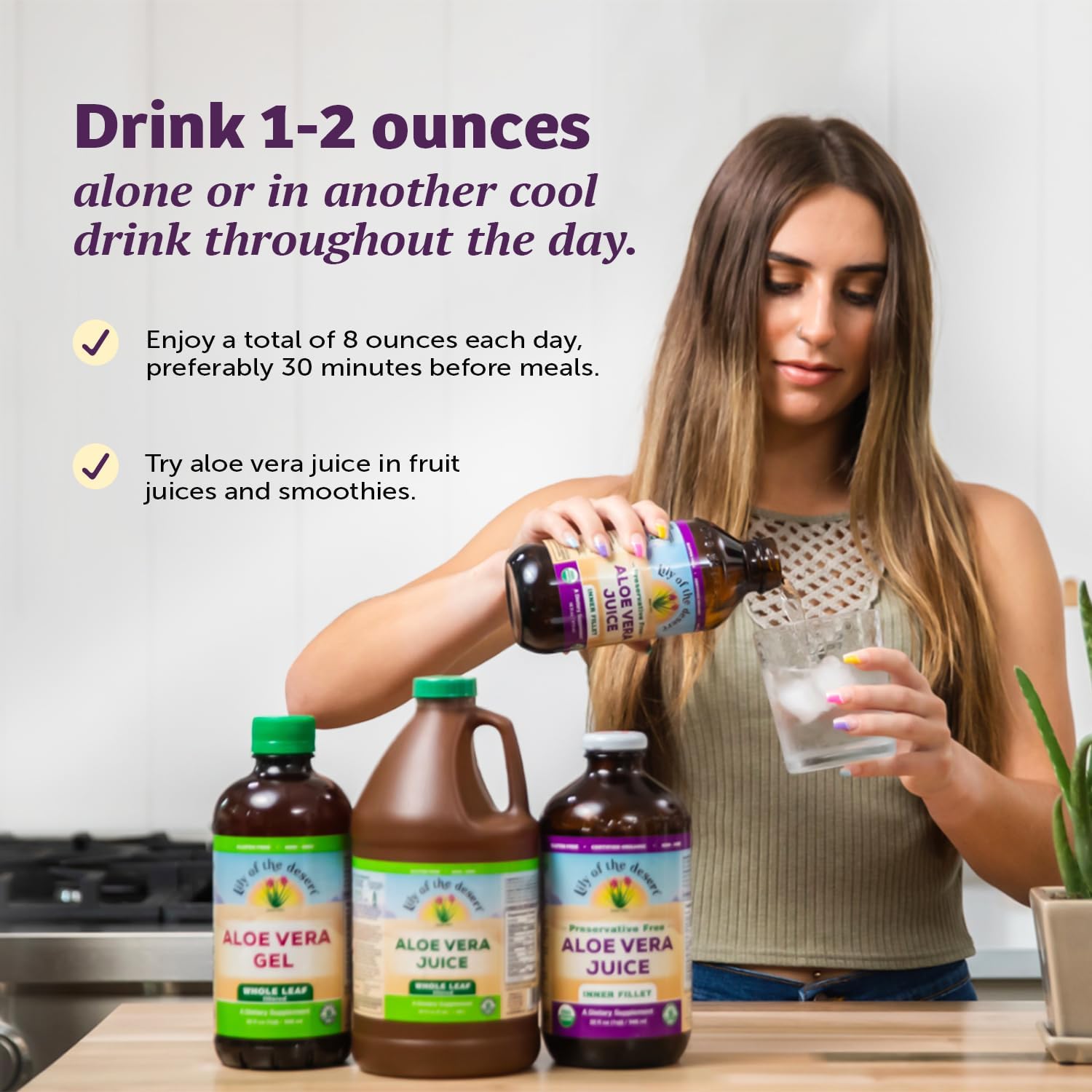 Organic Lily of the Desert Aloe Vera Juice - Preservative-Free Inner Fillet Drink with Digestive Enzymes for Gut Health, Skin Glow - 128 fl oz