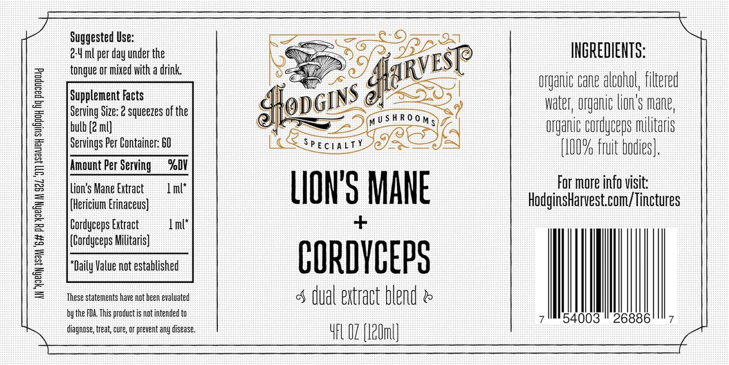 Organic Lion’s Mane and Cordyceps Tincture | Grown on USA Farm | Dual Extract | Extra-Concentrated (4 fl oz)