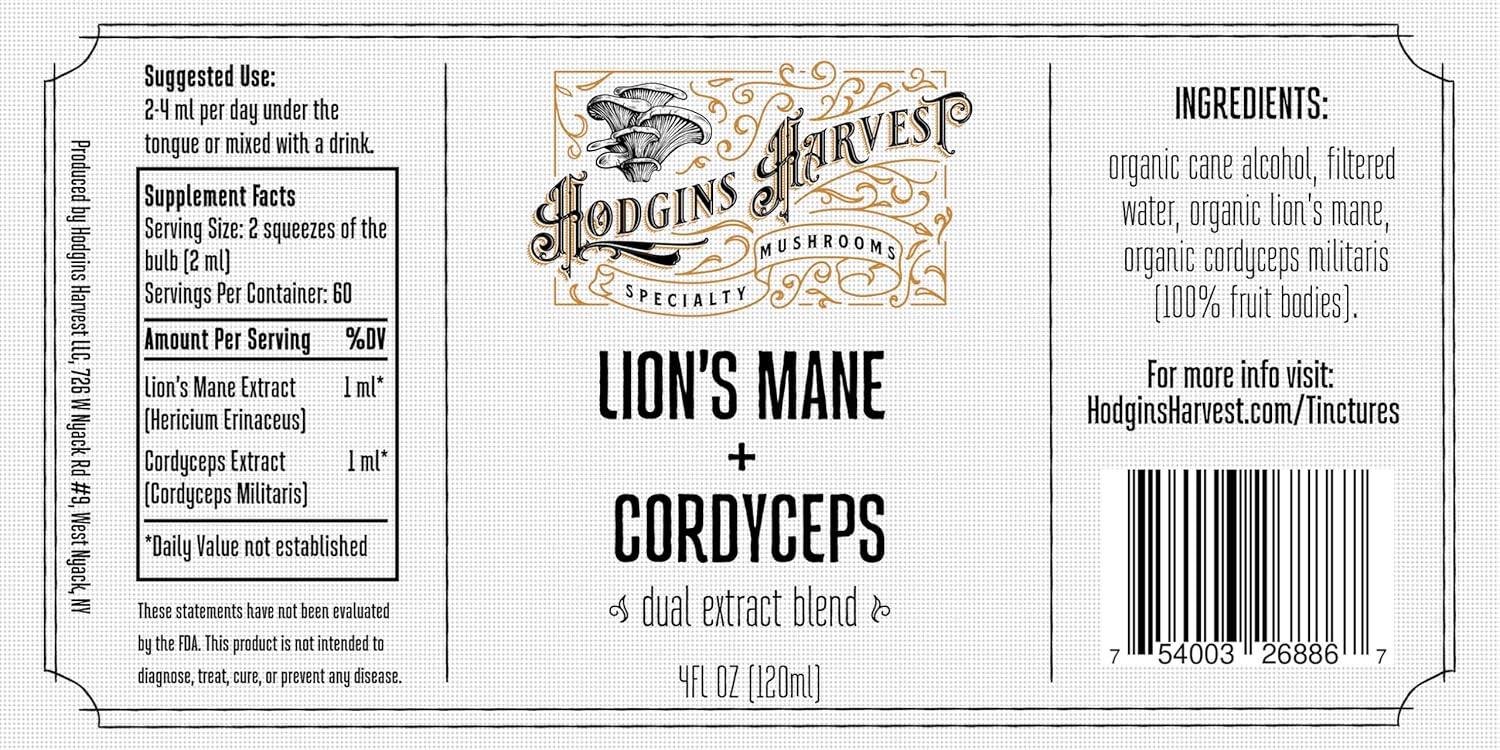 Organic Lion’s Mane and Cordyceps Tincture | Grown on USA Farm | Dual Extract | Extra-Concentrated (4 fl oz)
