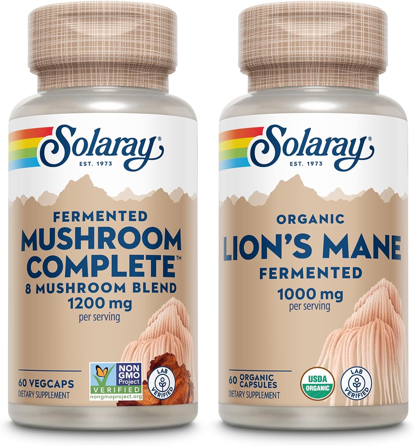 Organic Lions Mane and Mushroom Bundle - 8 Mushroom Supplement Plus Lion’s Mane - Fermented for Optimal Absorption, Supports Overall Wellness, 60-Day Guarantee, 60 VegCaps Ea.